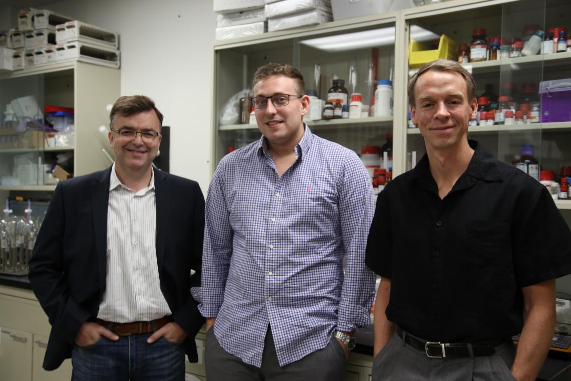 Left to right: Christopher Hulme, graduate assistant Chris Foley, and Travis Dunkley. Left to right: Christopher Hulme, graduate assistant Chris Foley, and Travis Dunkley.